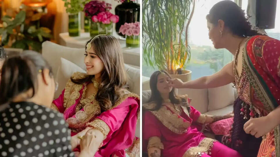 Sara Tendulkar and Saaniya Chandok desi look, Saaniya Chandok pink suit look, Saaniya Chandok mehendi look, Sara Tendulkar multicolor suit look, सारा तेंदुलकर मराठी मुलगी लुक, सारा तेंदुलकर साड़ी में, सारा तेंदुलकर गुजराती स्टाइल सूट, सानिया चंडोक अर्जुन तेंदुलकर मेहंदी लुक, सानिया चंडोक सिंपल मेहंदी लुक
