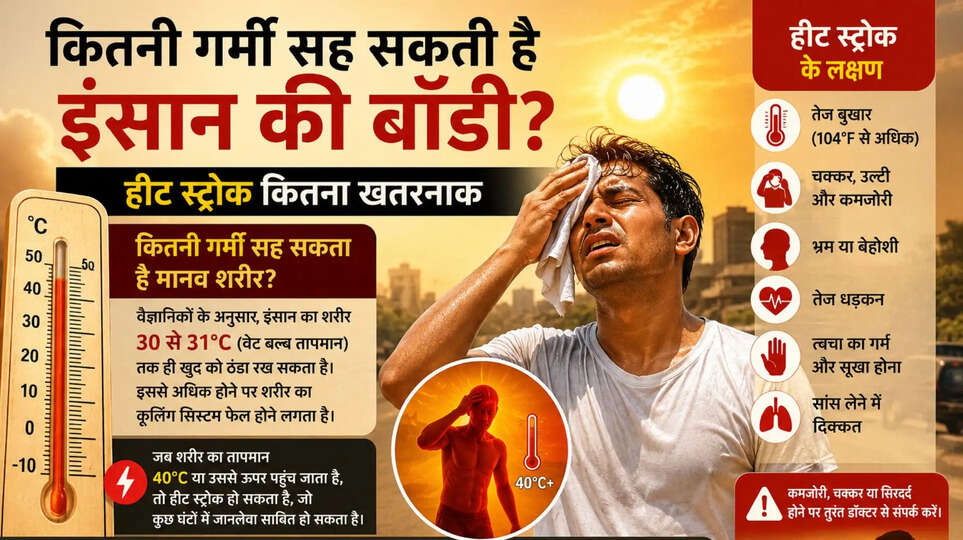 Heat Stroke हीट स्ट्रोक क्या है कितनी गर्मी सह सकती है इंसान की बॉडी Human Body Temperature Limit Extreme Heat Danger Heatwave Alert India गर्मी से बचाव के उपाय Heatwave in India Wet Bulb Temperature Heat Stroke Symptoms हीट स्ट्रोक के लक्षण Heat Stroke Prevention Body Temperature in Summer गर्मी में शरीर का तापमान Excessive Heat Health Risk लू से बचने के उपाय Summer Health Tips Dangerous Summer Heat गर्मी का स्वास्थ्य पर असर Climate Change and Heatwave भारत में हीटवेव Heatwave News Summer Season Alert High Temperature Health Alert लू लगने पर क्या करें